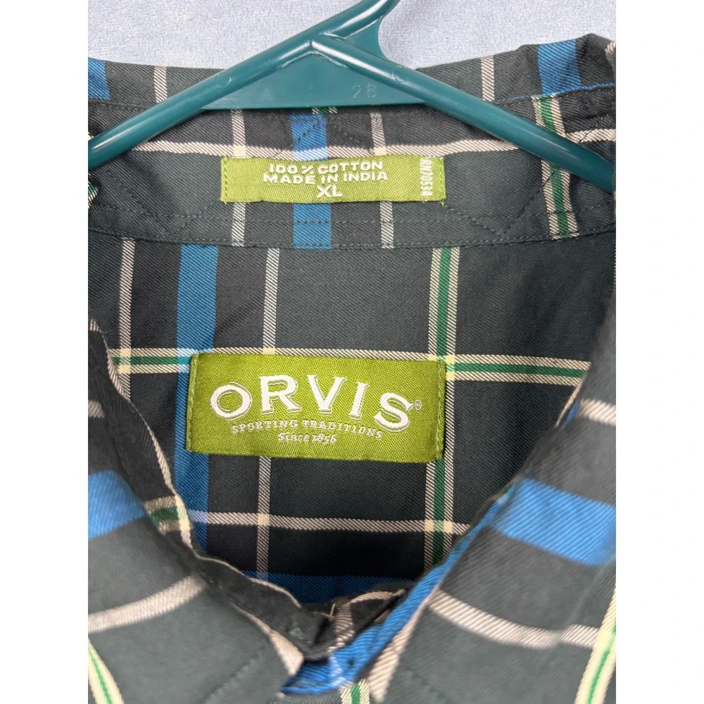 Orvis Mens XL Plaid Button Down Shirt Green Blue Cotton Long Sleeve Sporting